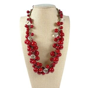Statement Red Cluster Bead Necklace Bold Cherry Glass & Crystal Beaded 22"